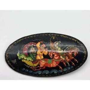 Russian Vintage Hand-Painted Brooch Black Lacquer Fairy Tale Oval Scene